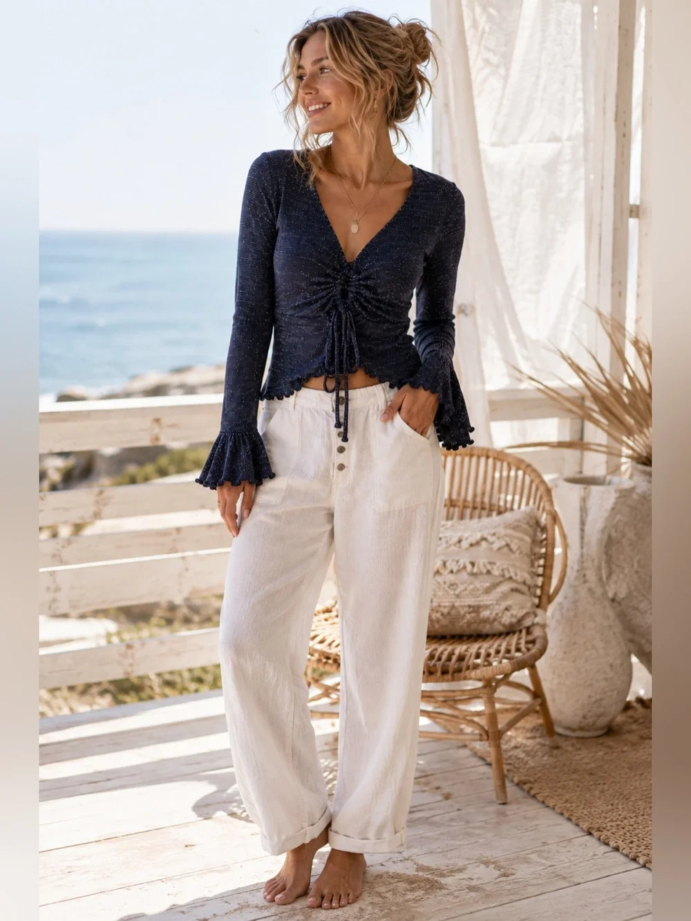 Intimately Free People Navy Metallic Ruched Tie Front Bell Sleeve Top XS NWOT